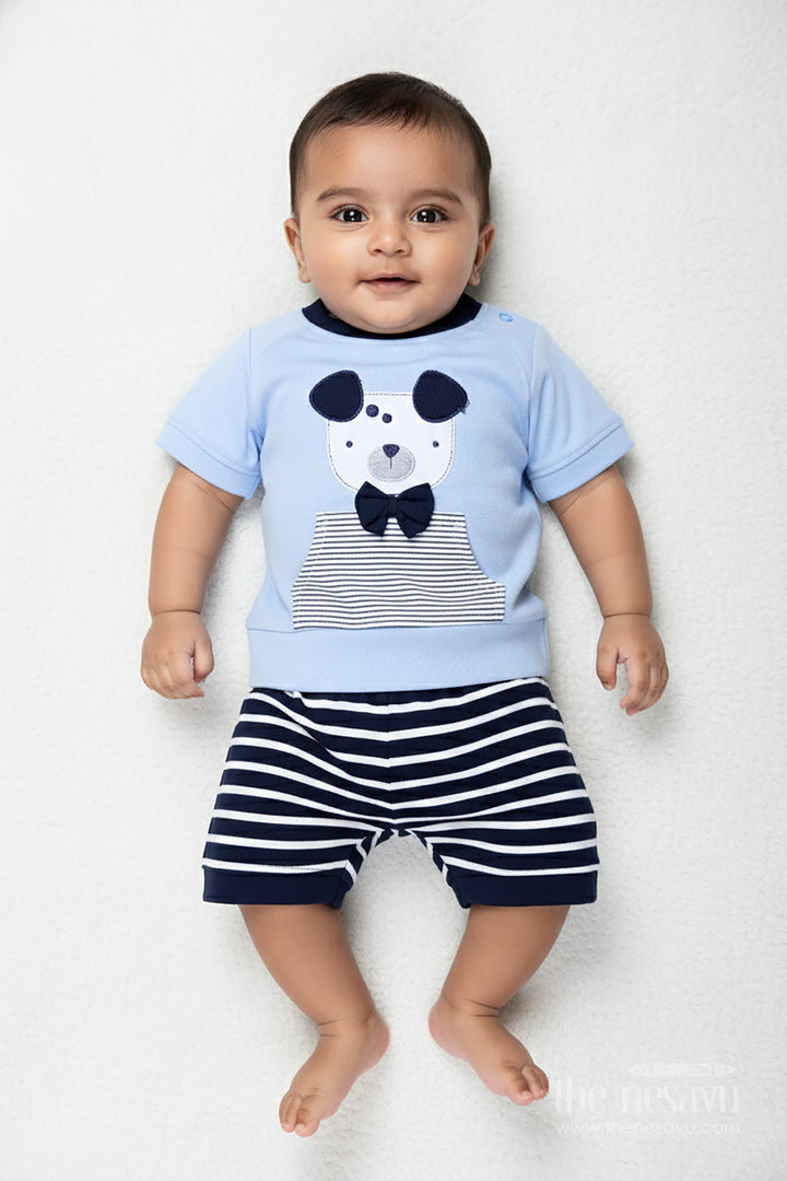 Newborn Teddy Bear Set for Boys in Cotton with Blue Printed Tee and Matching Striped Shorts