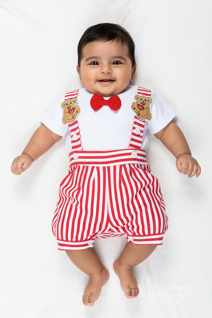 Dress Shirt and Bow for Boys in Cotton with Red Striped Dungaree and Teddy Shoulder Accents
