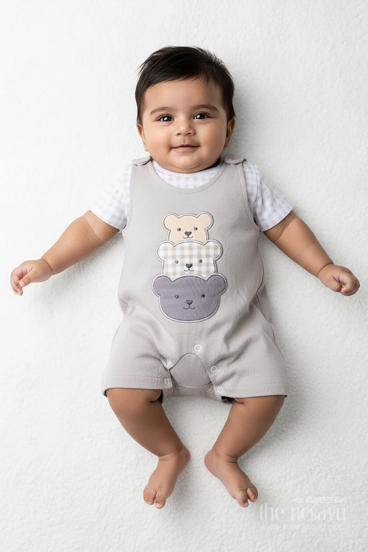 Gray Casual Outfit for Boys in Cotton with Teddy Patch Detail and Checkered Tee Two Piece Set