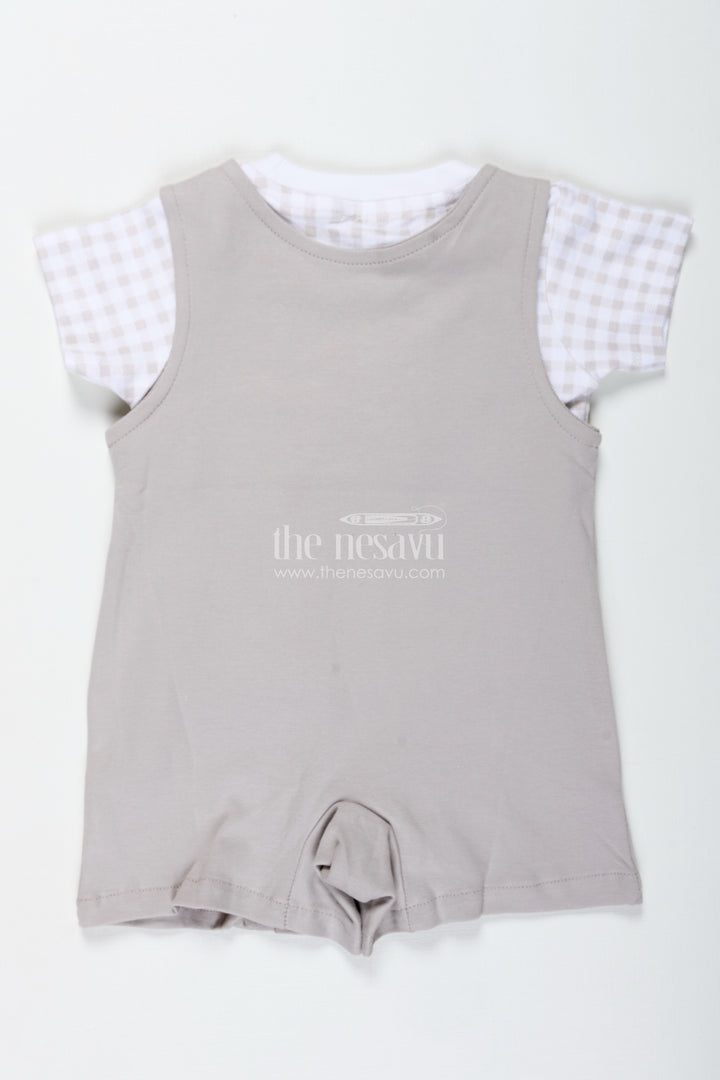 Gray Casual Outfit for Boys in Cotton with Teddy Patch Detail and Checkered Tee Two Piece Set