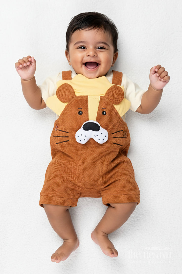 Brown Birthday Outfit for Boys in Cotton Waffle Knit with Dog Embroidery and Mustard Accent Tee
