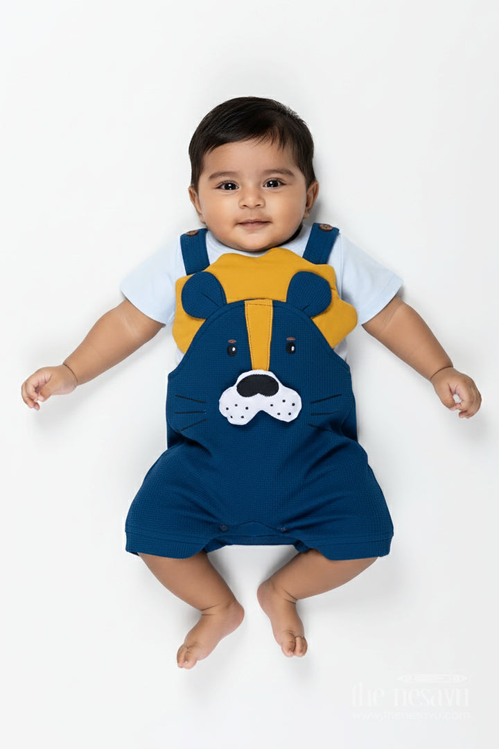 Newborn Bear Outfit for Boys in Waffle Knit Cotton with Dog Face Applique and Bold Contrast Tee