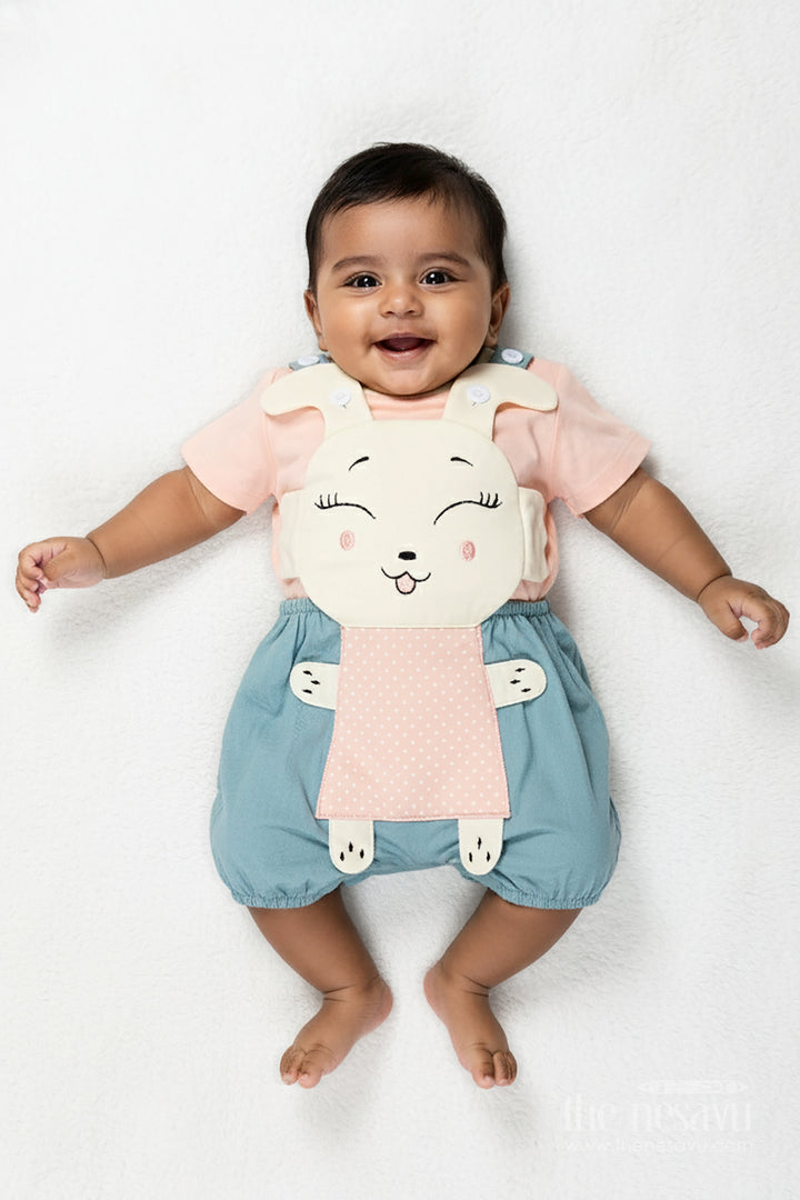 Green Casual Dress Set for Boys in Cotton with Playful Bunny Applique and Contrast Peach Tee