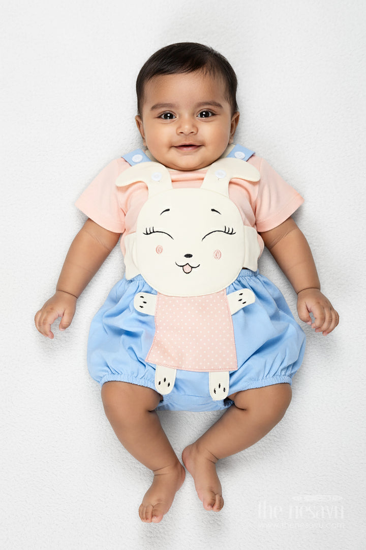 Casual Blue Set Outfit for Boys in Cotton with Bunny Embroidery and Soft Peach Short Sleeve Tee