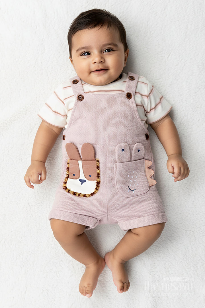 Pink Casual Outfits for Boys in Soft Cotton with Animal Face Patch and Striped Sleeve Tee Set