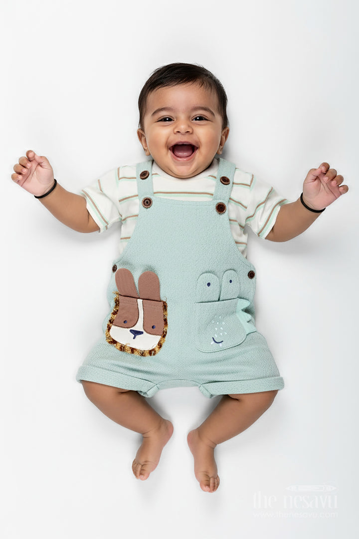 Animal Casual Outfit for Boys in Cotton with Green Dungaree and Fun Lion Face Applique Tee Combo