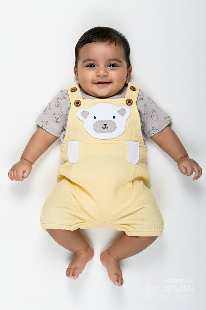 Yellow Casual Outfits for Boys in Cotton with Animal Digital Print and Charcoal Contrast Tee