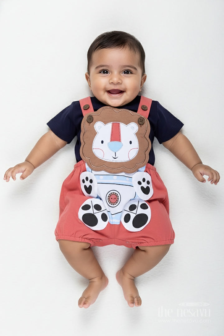 Boys Cotton Red Summer Dress Casual Set with Lion Print and Dungaree-Inspired Fun for Daily Outings