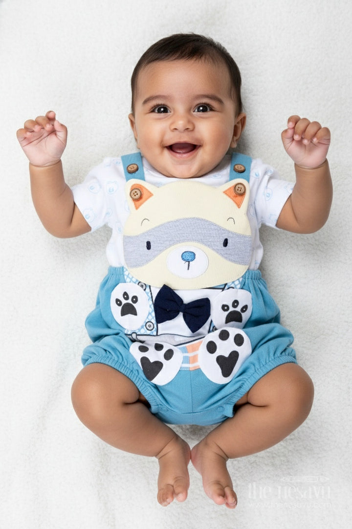 Boys Cotton Digital Print Set with Blue Overalls and Bear Motif for Casual Everyday Outings