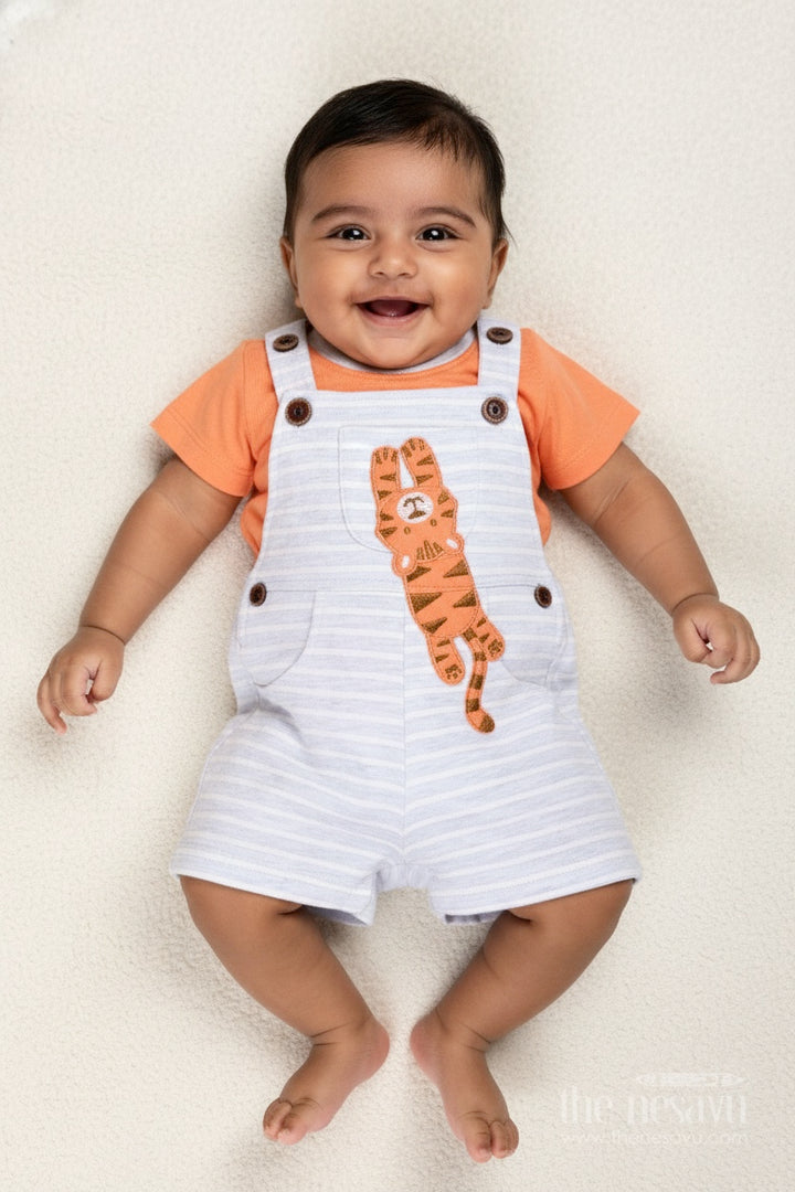 Boys Cotton Cute Casual Orange Dress with Striped Dungaree and Soft Tiger Embellishment