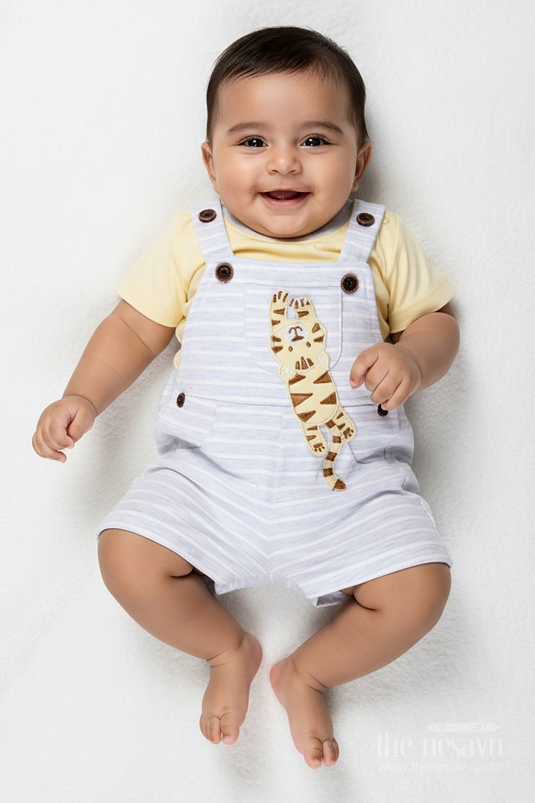 Boys Cotton Yellow Dress Outfit Casual with Giraffe Patch and Striped Dungaree for Sunny Day Comfort
