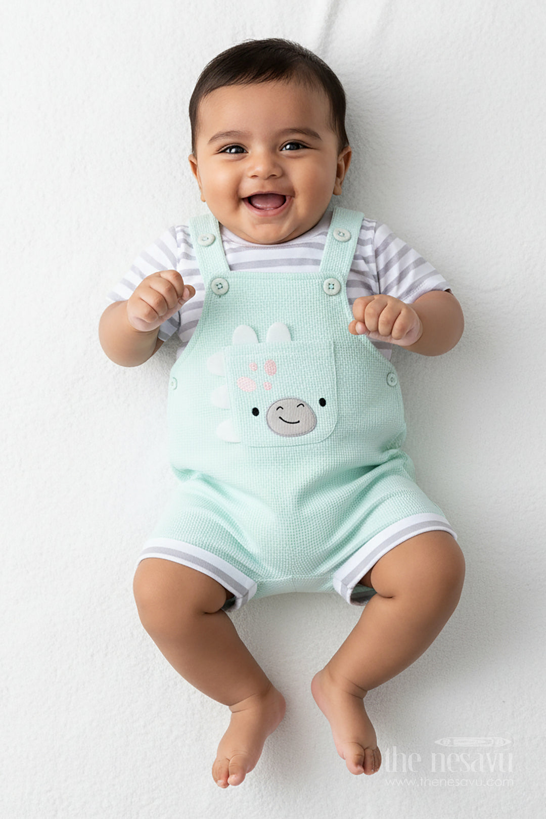 Boys Waffle Shirt and Shorts Set with Mint Green Dungaree and Smiley Face Patch for Playful Comfort