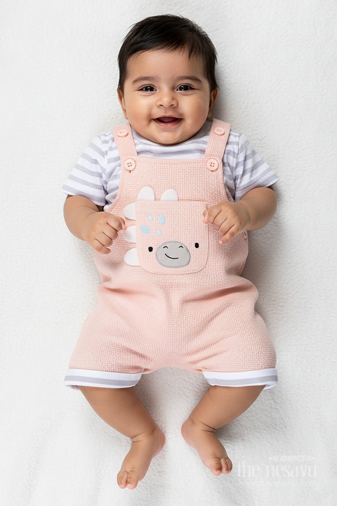 Boys Cotton Waffle Knit Peach Dress Casual Set with Striped Tee and Bear Face Dungaree for Everyday Play