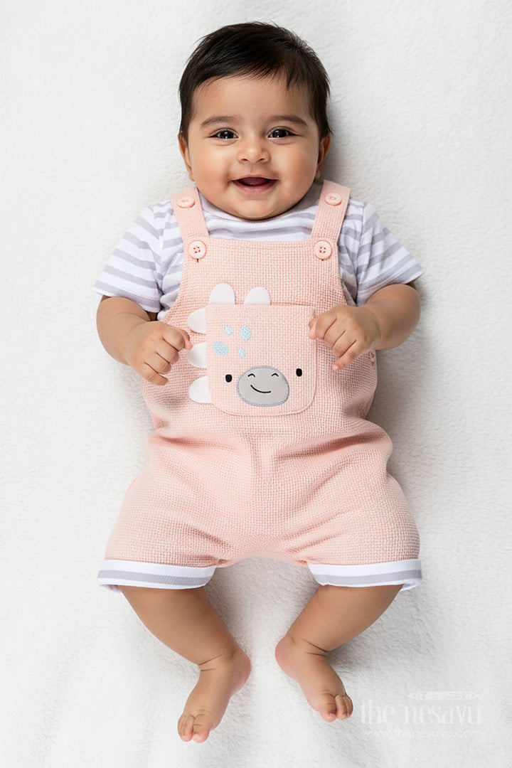 Boys Cotton Waffle Knit Peach Dress Casual Set with Striped Tee and Bear Face Dungaree for Everyday Play