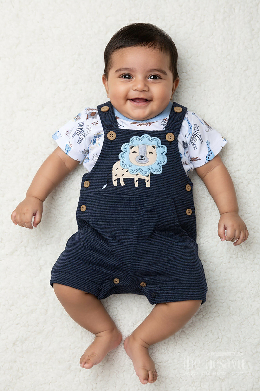 Boys Digital Printing T Shirts and Pant Set in Cotton Corduroy with Blue Overalls and Giraffe Patch for Creative Outfits