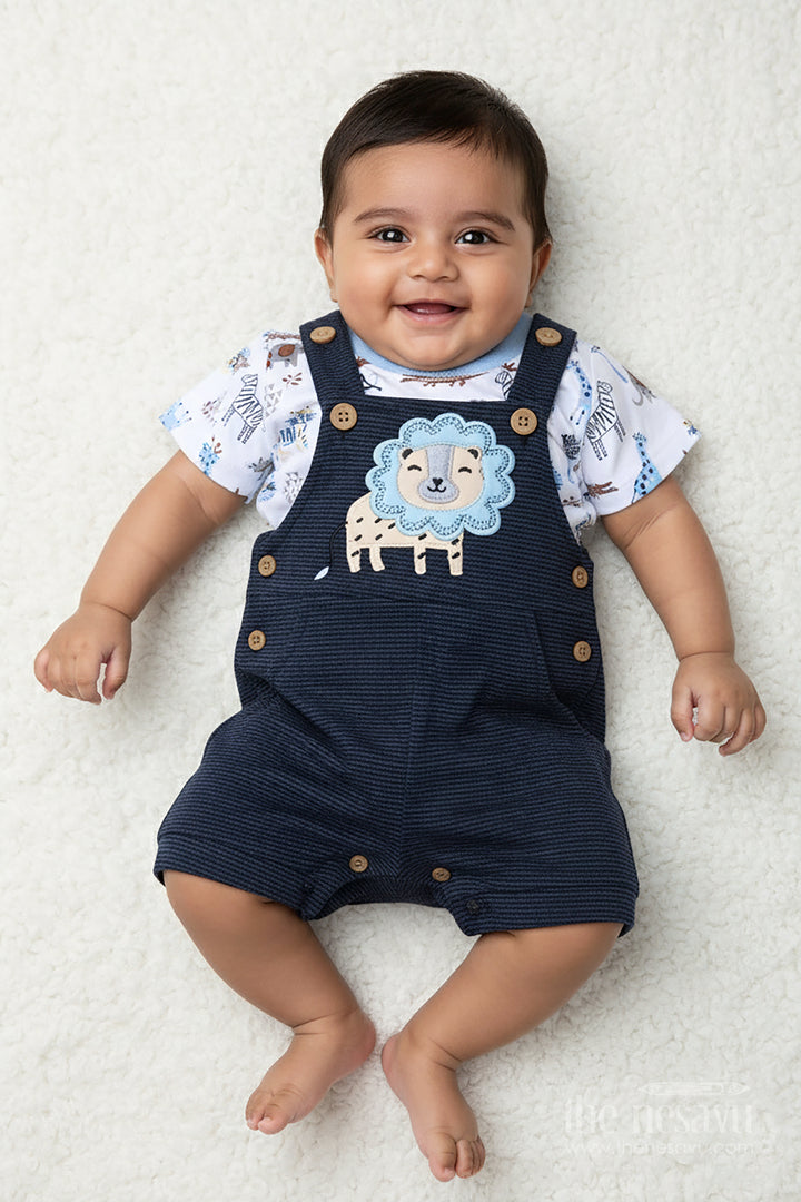 Boys Digital Printing T Shirts and Pant Set in Cotton Corduroy with Blue Overalls and Giraffe Patch for Creative Outfits