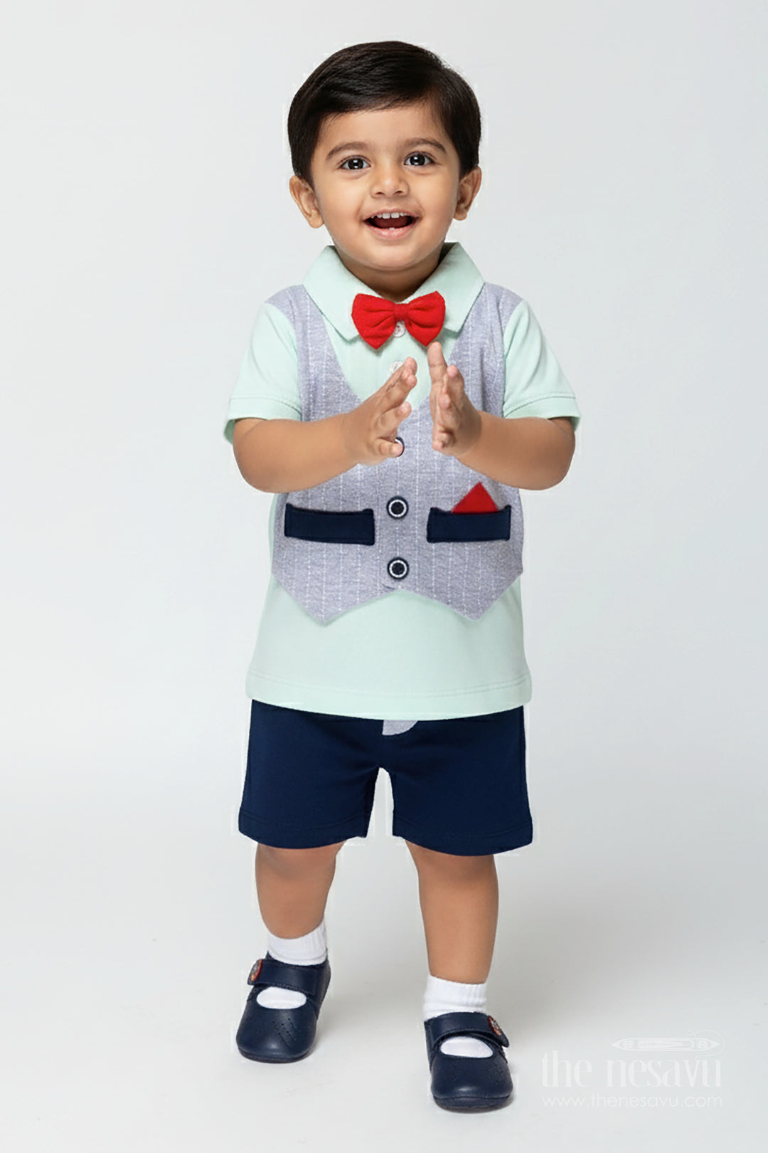 Boys Smart Cotton Shirts Set with Bow Tie and Navy Shorts for Dapper Everyday Comfort