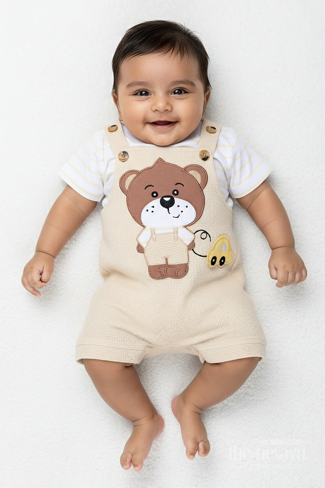 Boys Cotton Waffle Knit Summer Dress Casual Set with Teddy Dungaree and Striped Tee for Playful Comfort