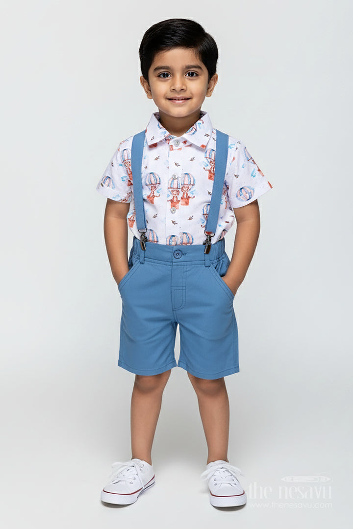 Printed Shirt and Shorts Set for Boys in Cotton with Digital Balloon Print and Coordinated Bow Tie