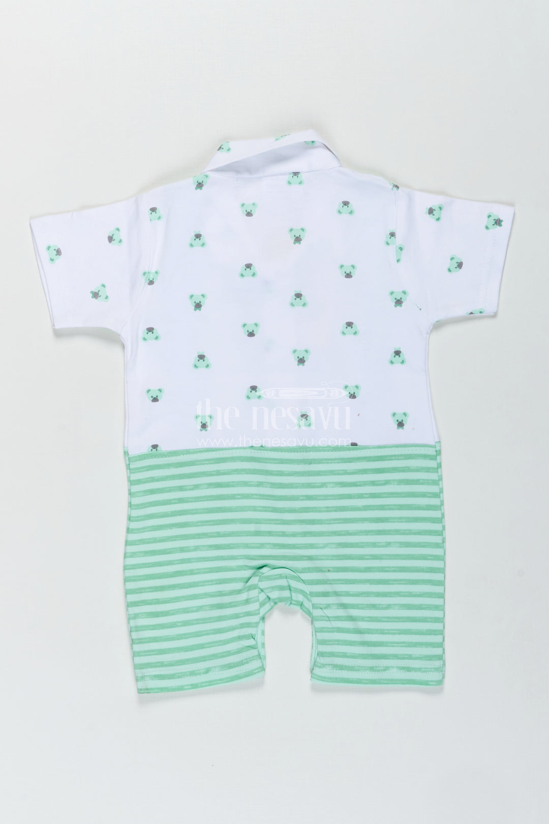 Newborn Boy Romper for Photoshoot in Mint Green Cotton Jersey with Cute Bear Details and Bow Tie