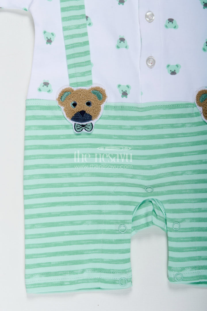 Newborn Boy Romper for Photoshoot in Mint Green Cotton Jersey with Cute Bear Details and Bow Tie