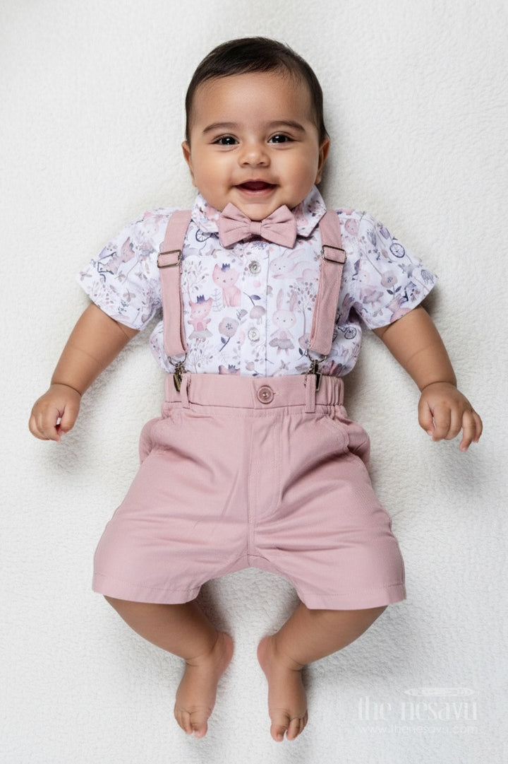 Cotton Shirt and Shorts Sets for Boys with Whimsical Forest Animal Print and Pink Suspenders