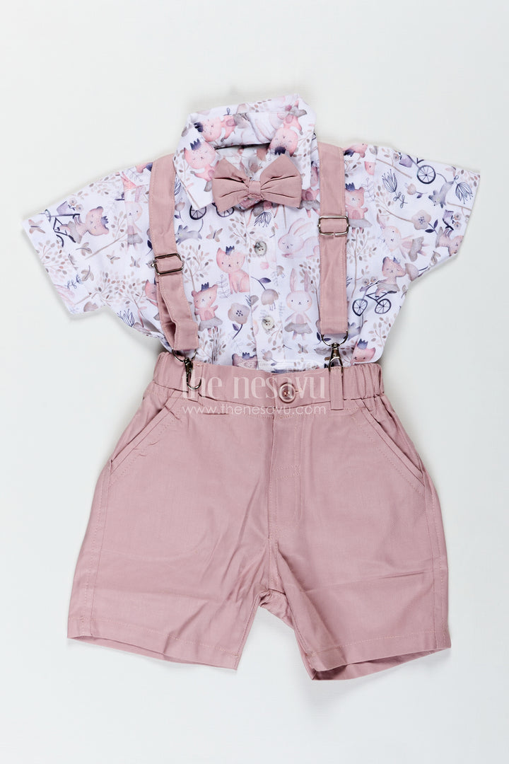 Cotton Shirt and Shorts Sets for Boys with Whimsical Forest Animal Print and Pink Suspenders