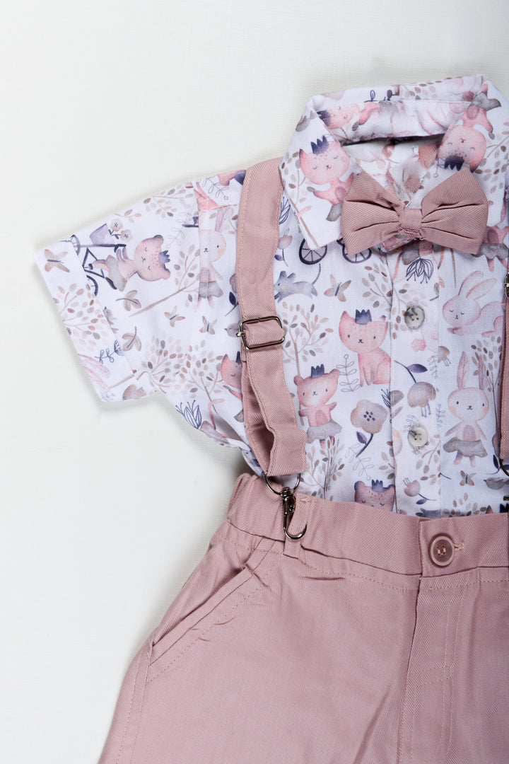 Cotton Shirt and Shorts Sets for Boys with Whimsical Forest Animal Print and Pink Suspenders