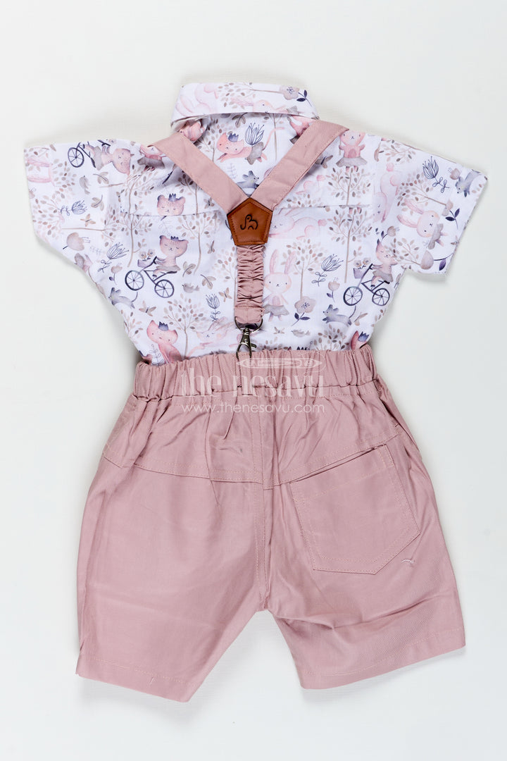 Cotton Shirt and Shorts Sets for Boys with Whimsical Forest Animal Print and Pink Suspenders