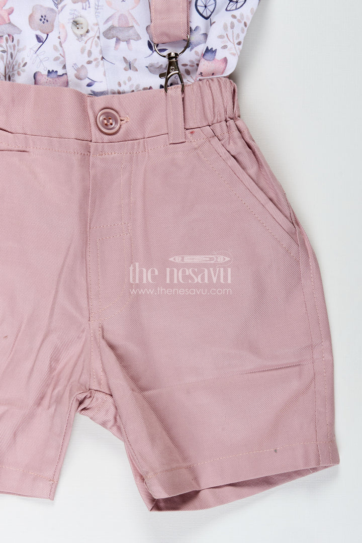 Cotton Shirt and Shorts Sets for Boys with Whimsical Forest Animal Print and Pink Suspenders