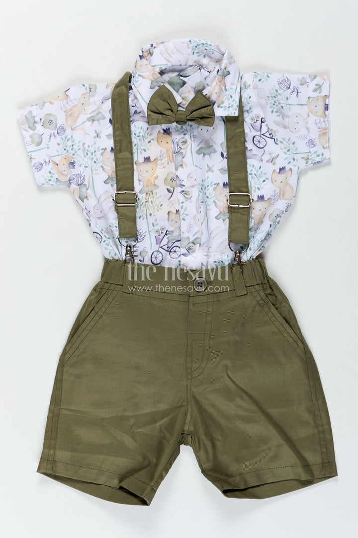 Green Shirt and Shorts Set for Boys in Cotton with Nature-Themed Animal Print and Olive Green Bottoms