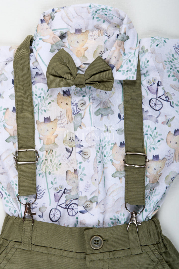 Green Shirt and Shorts Set for Boys in Cotton with Nature-Themed Animal Print and Olive Green Bottoms