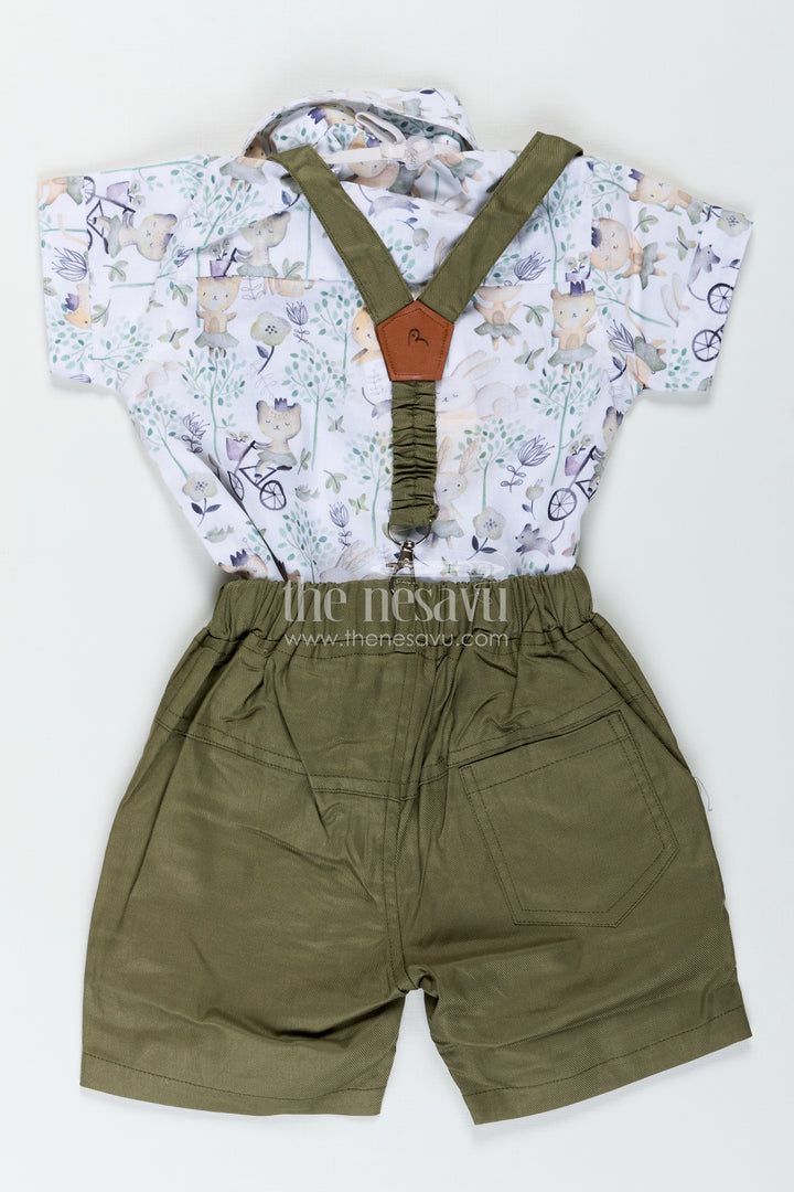 Green Shirt and Shorts Set for Boys in Cotton with Nature-Themed Animal Print and Olive Green Bottoms