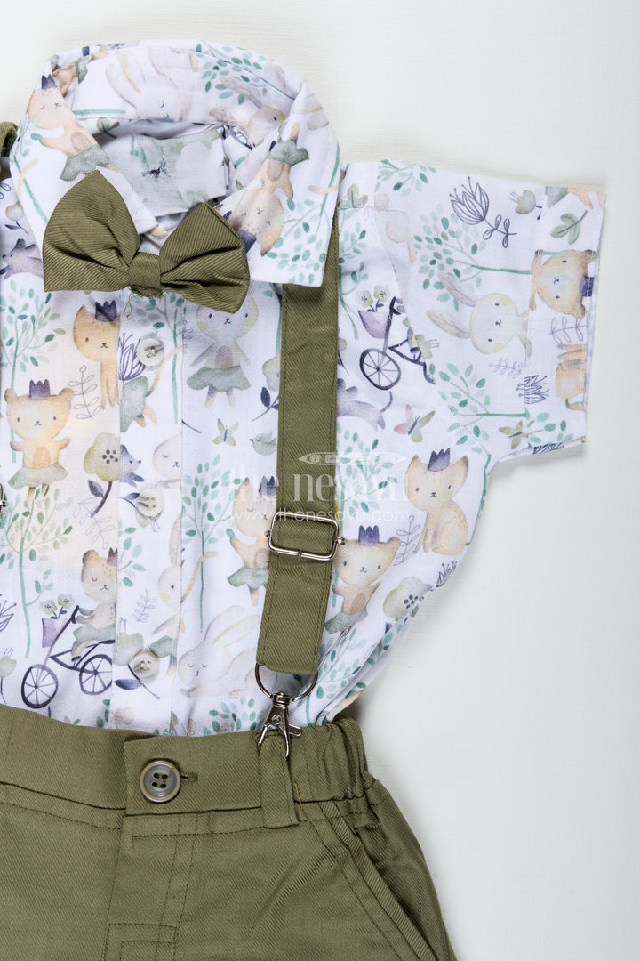 Green Shirt and Shorts Set for Boys in Cotton with Nature-Themed Animal Print and Olive Green Bottoms