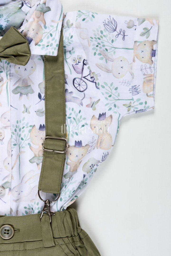 Green Shirt and Shorts Set for Boys in Cotton with Nature-Themed Animal Print and Olive Green Bottoms