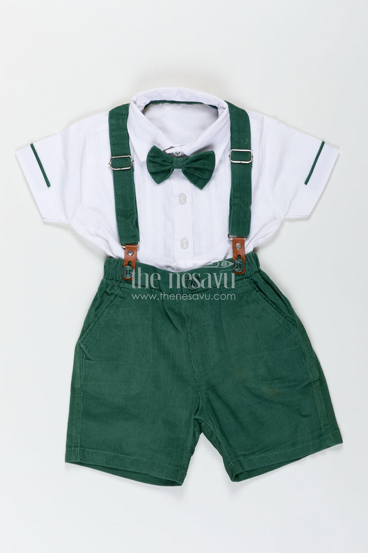 Shirt and Bow Tie Sets for Boys in White Cotton with Green Corduroy Shorts and Suspenders