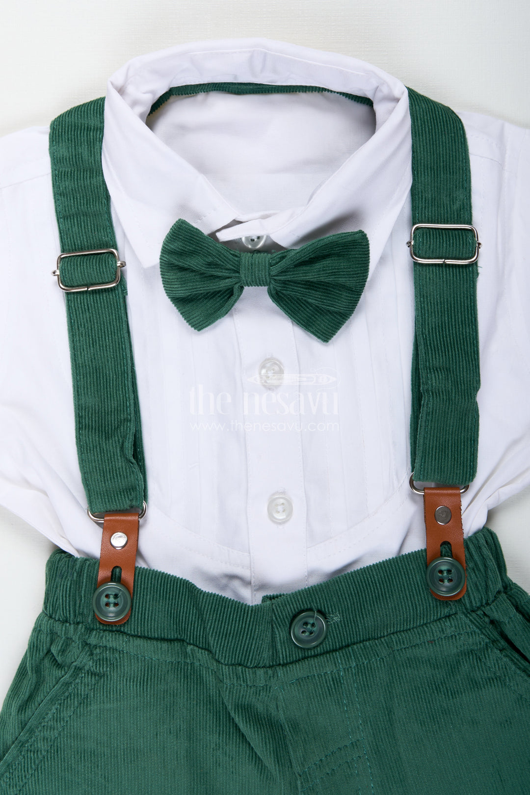 Shirt and Bow Tie Sets for Boys in White Cotton with Green Corduroy Shorts and Suspenders