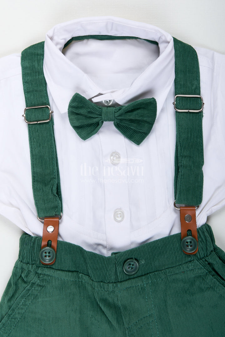 Shirt and Bow Tie Sets for Boys in White Cotton with Green Corduroy Shorts and Suspenders