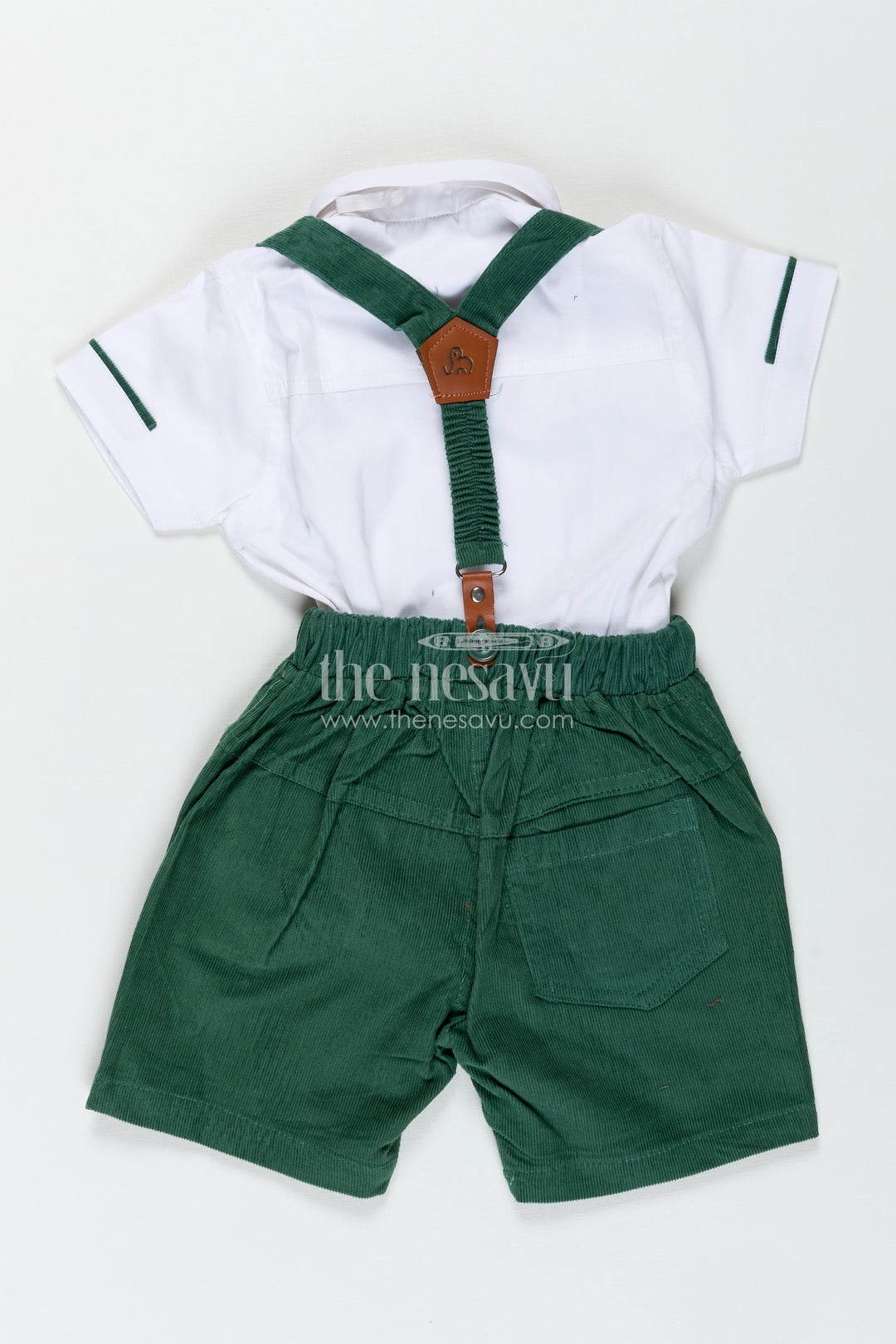 Shirt and Bow Tie Sets for Boys in White Cotton with Green Corduroy Shorts and Suspenders
