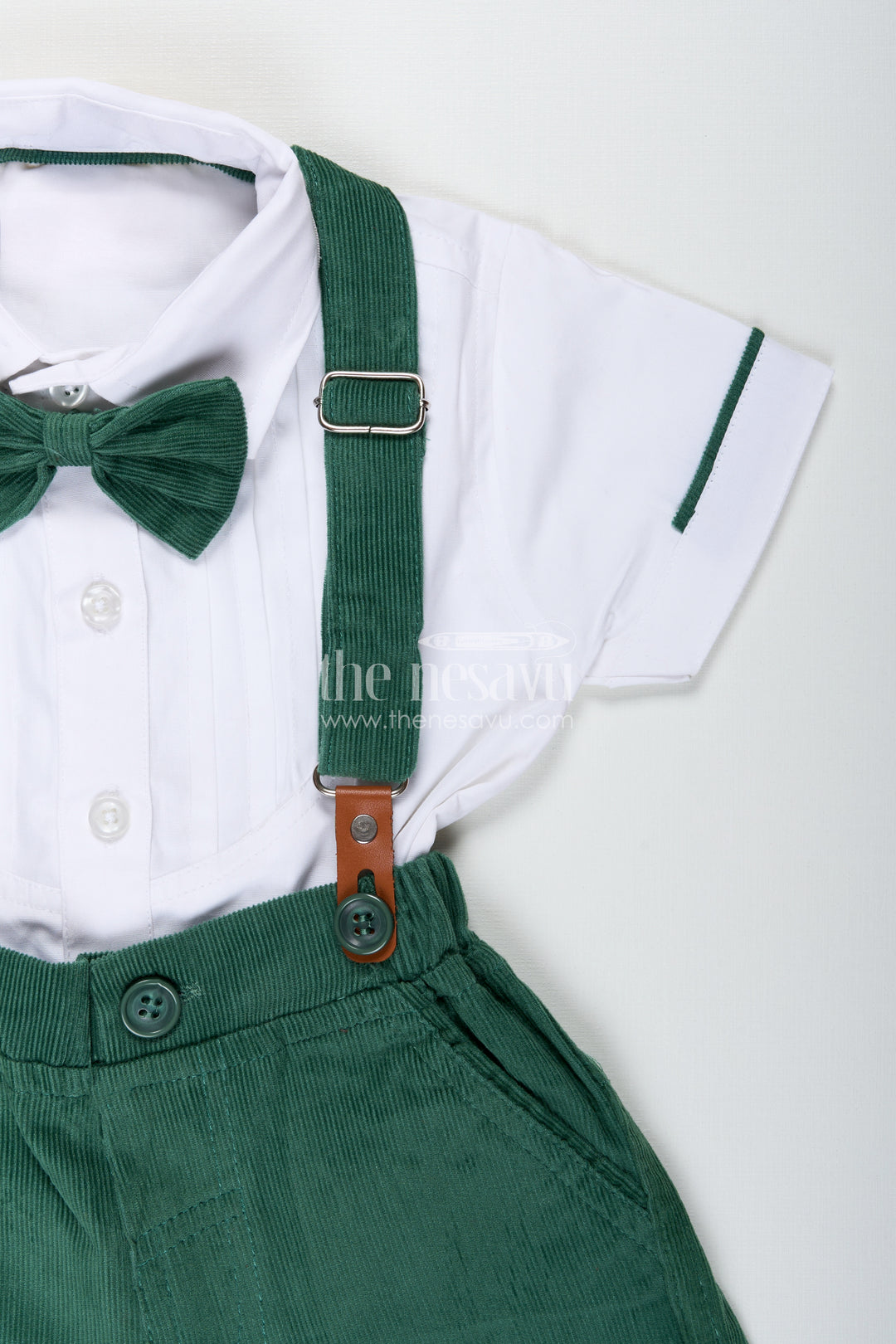 Shirt and Bow Tie Sets for Boys in White Cotton with Green Corduroy Shorts and Suspenders