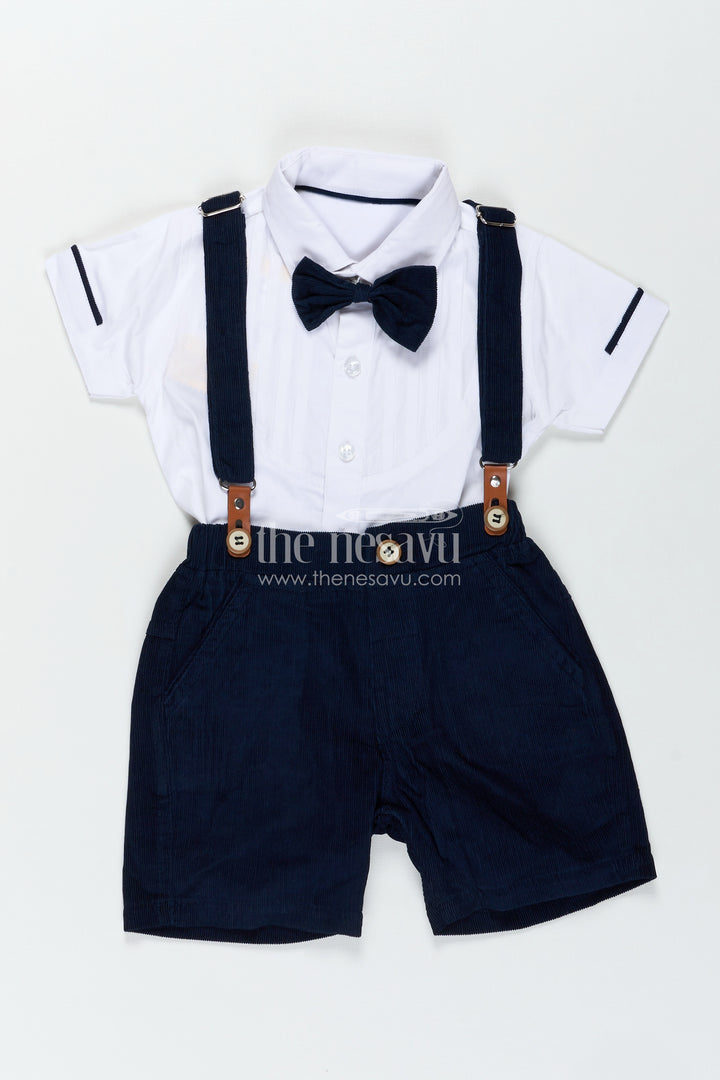 Blue Short Set for Boys with Pleated Cotton Shirt and Navy Corduroy Shorts with Matching Suspenders
