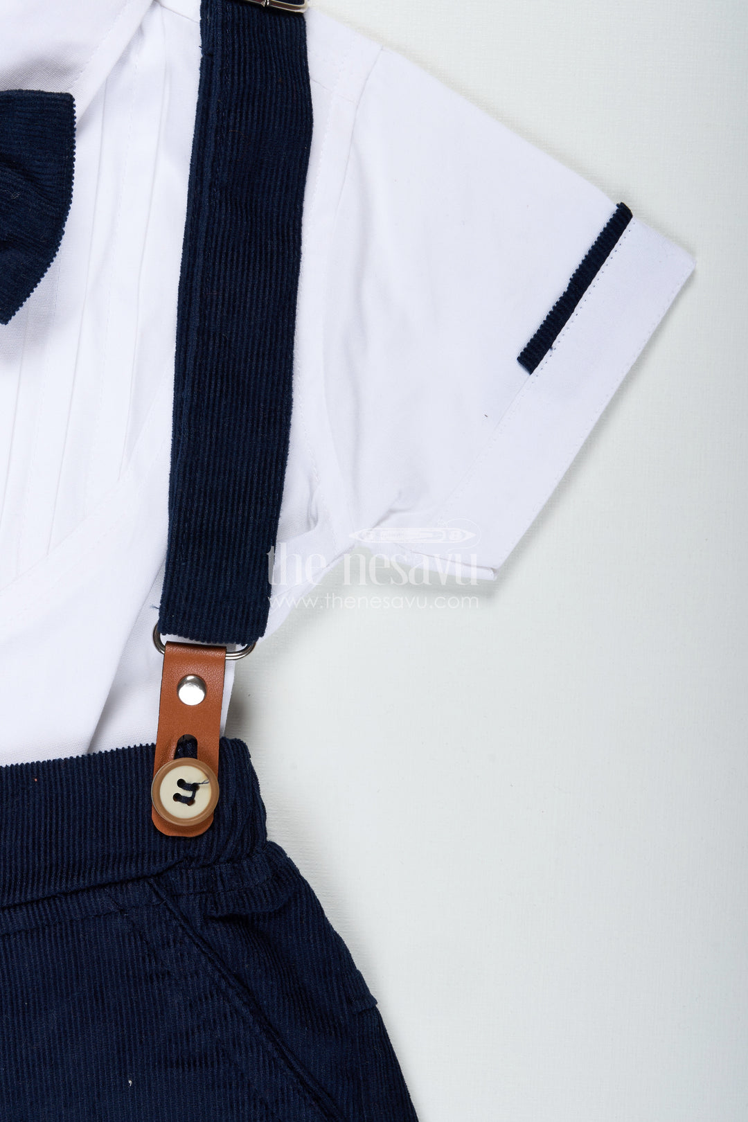 Blue Short Set for Boys with Pleated Cotton Shirt and Navy Corduroy Shorts with Matching Suspenders