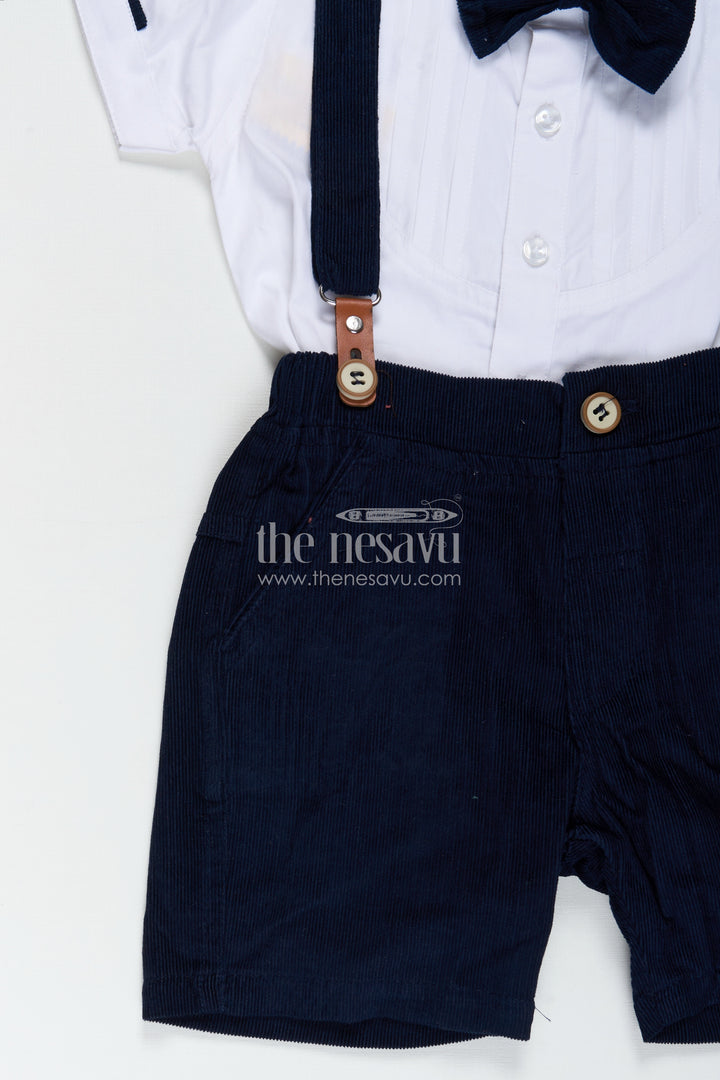 Blue Short Set for Boys with Pleated Cotton Shirt and Navy Corduroy Shorts with Matching Suspenders