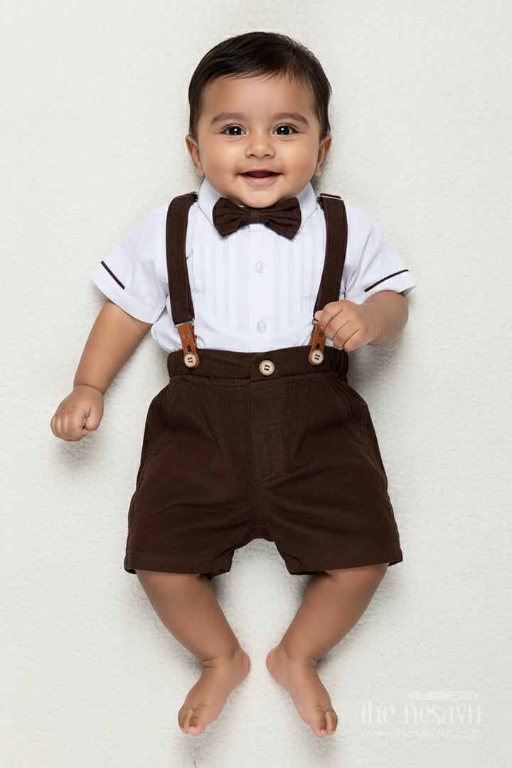 Kids Birthday Outfit Boy with White Pleated Shirt and Brown Corduroy Shorts with Black Bow Tie
