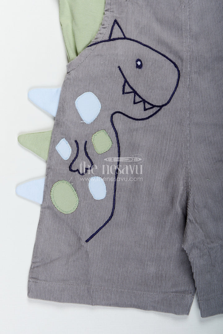 Playtime Outfit for Boys with Dinosaur Appliqué Overalls in Grey Corduroy and Green Cotton Tee