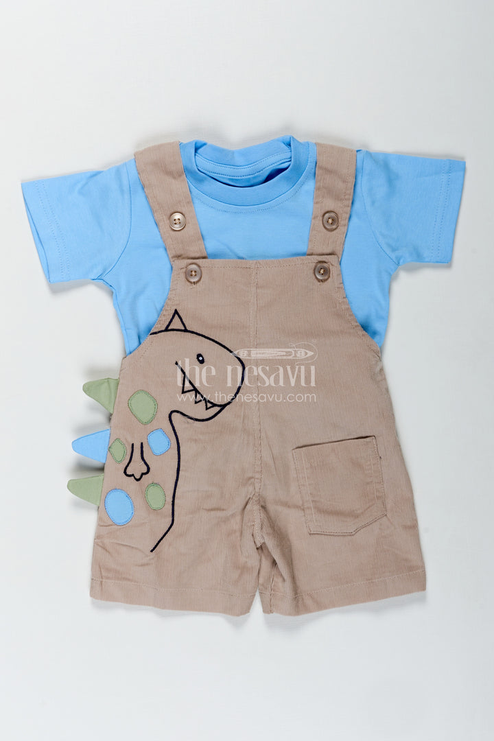 Summer Wear for Boys with Beige Corduroy Dinosaur Overalls and Soft Blue Cotton Tee