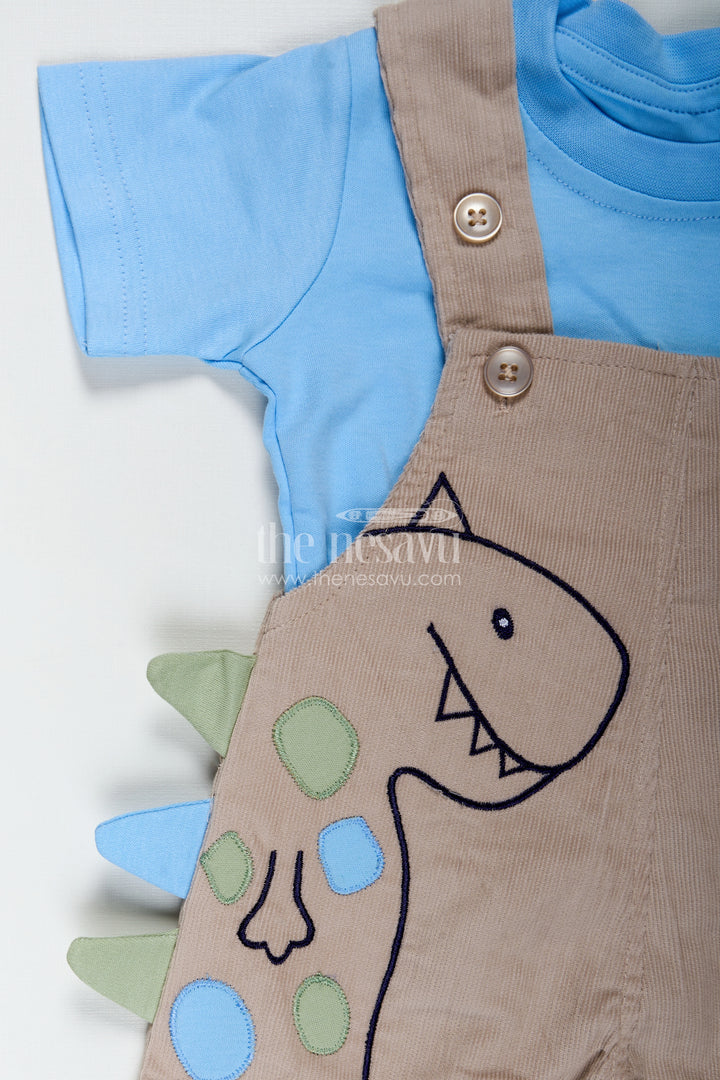 Summer Wear for Boys with Beige Corduroy Dinosaur Overalls and Soft Blue Cotton Tee