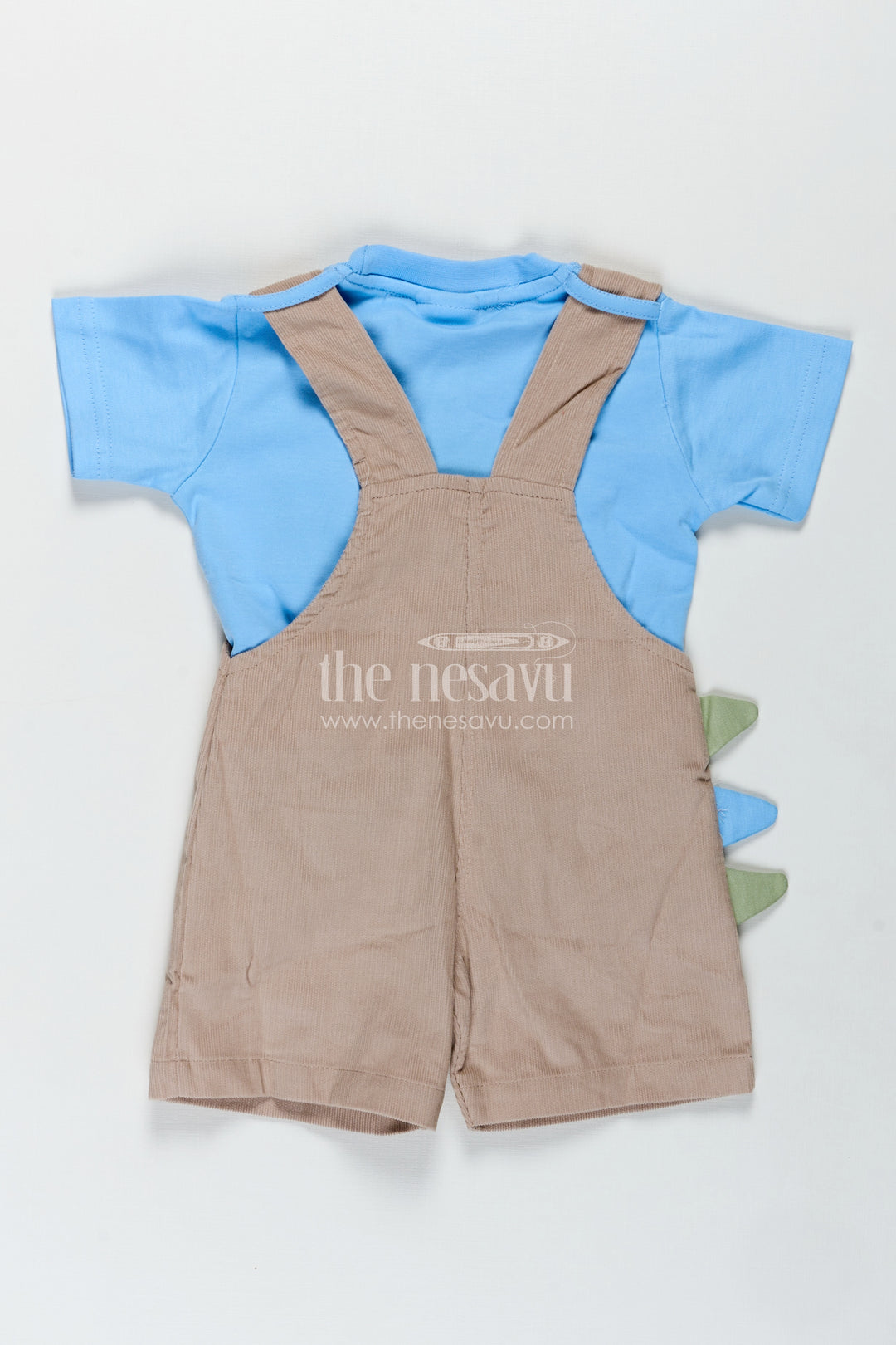 Summer Wear for Boys with Beige Corduroy Dinosaur Overalls and Soft Blue Cotton Tee