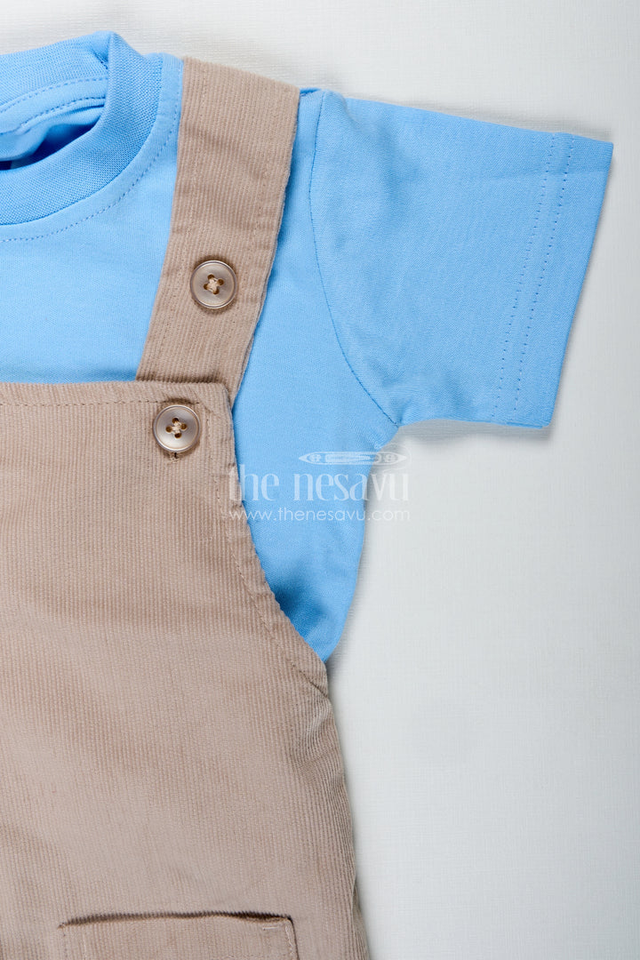 Summer Wear for Boys with Beige Corduroy Dinosaur Overalls and Soft Blue Cotton Tee