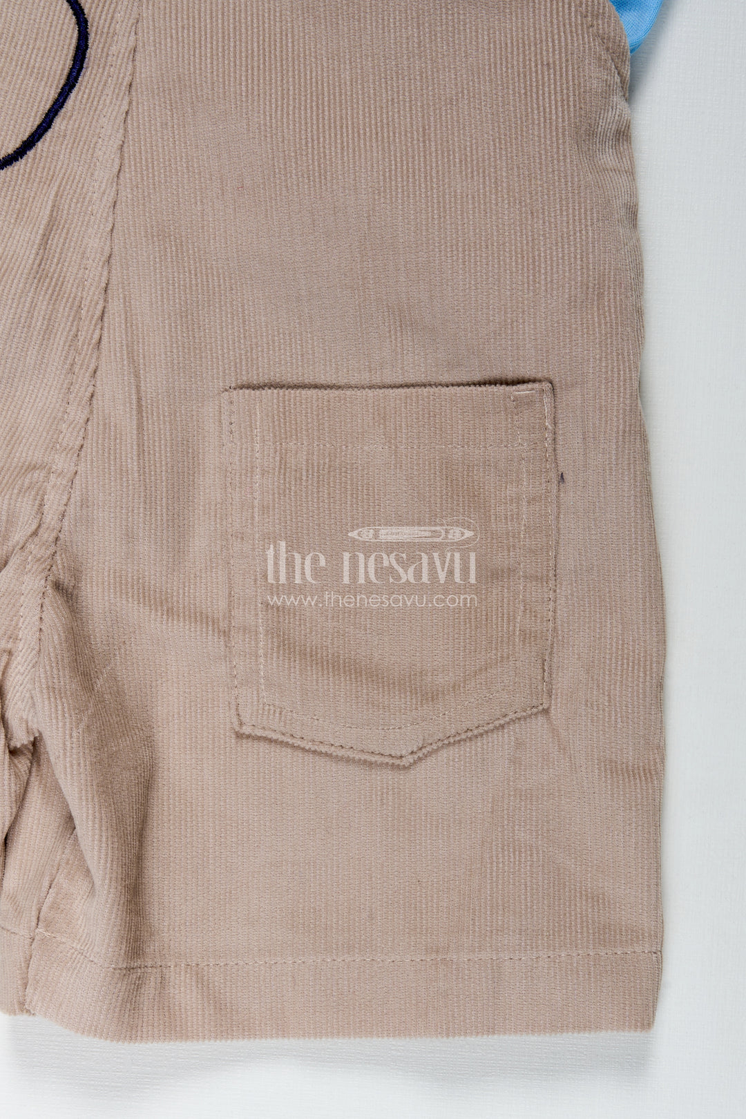 Summer Wear for Boys with Beige Corduroy Dinosaur Overalls and Soft Blue Cotton Tee